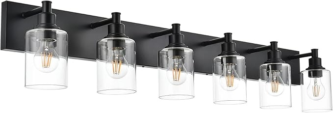 6-Lights Vanity Lights for Bathroom with Clear Glass Shades, Black Bathroom Light Fixtures Over Mirror for Bedroom Hallway (E26 Bulb Base)