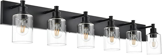 6-Lights Vanity Lights for Bathroom with Clear Glass Shades, Black Bathroom Light Fixtures Over Mirror for Bedroom Hallway (E26 Bulb Base)