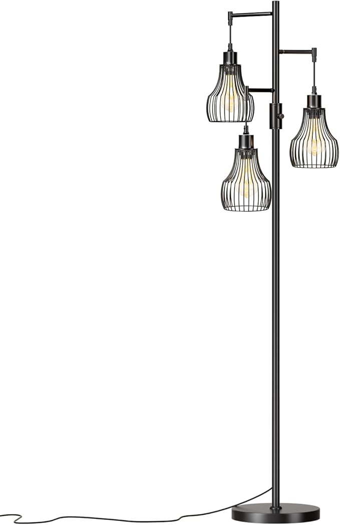 Dimmable Floor Lamp, 3 x 800LM LED Edison Bulbs Included, Farmhouse Industrial Floor Lamp Standing Tree Lamp with Elegant Cage Tall Lamps for Living Room Bedroom Office - Black
