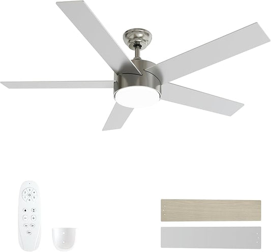 52 Inch Brushed Nickel Ceiling Fans with Lights,Ceiling Fan with Remote Control,Reversible DC Motor,3 CCT 6-Speed,Noiseless Ceiling Fan for Bedroom,Living Room,Dining Room,ETL Listed