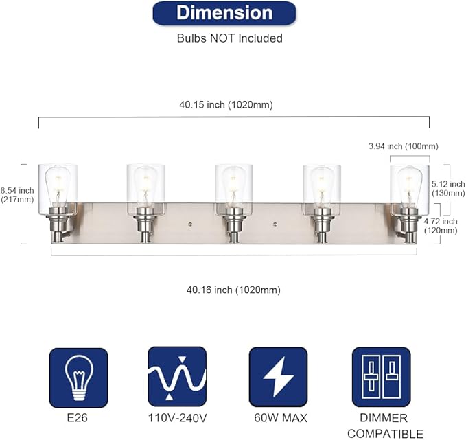 5-Light Vanity Light Fixture in Brushed Nickel, Clear Glass Bathroom Light Over Mirror, Modern Wall Sconce Lighting for Living Room