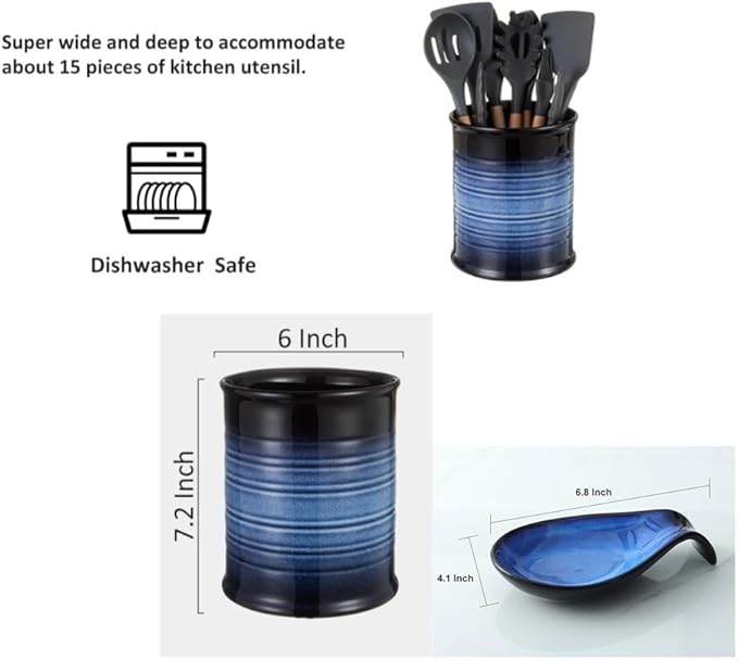 Nihow Kitchen Utensil Holder and Spoon Rest: Ceramic Utensil Holder for Countertop - Stable Utensil Crock for Kitchen Counter Decor - Elegant Blue & Black