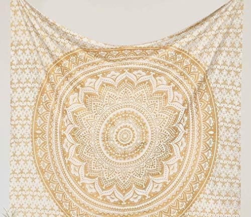 RAJRANG Large Mandala Tapestry for Bedroom and Living Room Decor Boho Bohemian Wall Hanging Cotton Tapestries (Golden and White, Ombre, 90x108 Inch, King Size)
