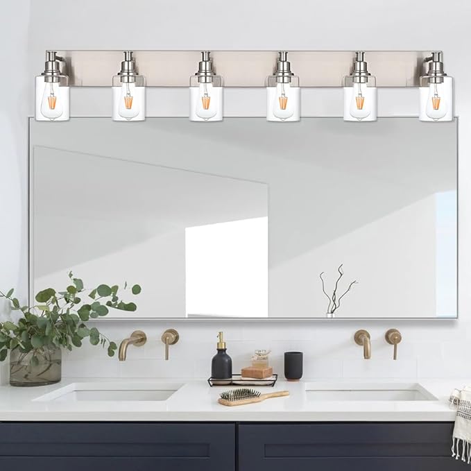 6-Lights Bathroom Light Fixtures in Brushed Nickel, Modern Vanity Lights with Clear Glass Shades, Wall Sconce Lighting Over Mirror