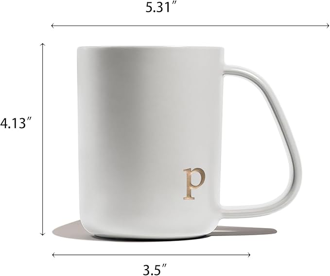 COLLECTIVE HOME - Ergonomic Handle Ceramic Mug, 15 oz Personalized Coffee Cup with Golden Initial, Microwave & Dishwasher Safe, Elegant Monogram Tea Mug in Gift Box for Home & Office (White-p)