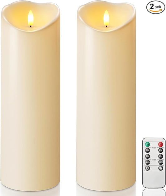 Homemory 4"x12" Outdoor Waterproof Flameless Candles with Timers and Remote Control, Battery Operated Candles, LED Plastic Candles, Dark Ivory, Set of 2