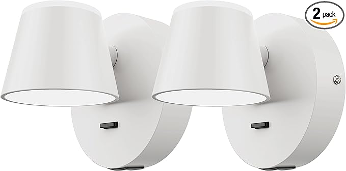 URSOLA Wall Light Set of Two, LED Wall Sconce with On/Off Switch USB Charging Port 110 Volt Hardwired Wall Lamp 350 Rotatable Up Down Sconces Wall Lighting (White)