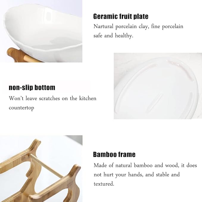 Large 3 Tier Ceramic Fruit Bowl With Bamboo Wood Stand for Kitchen Counter,Porcelain Fruit Basket for Fruit Storage,Snack Dessert Cake Tray Plate Rack for Party Wedding - Big White