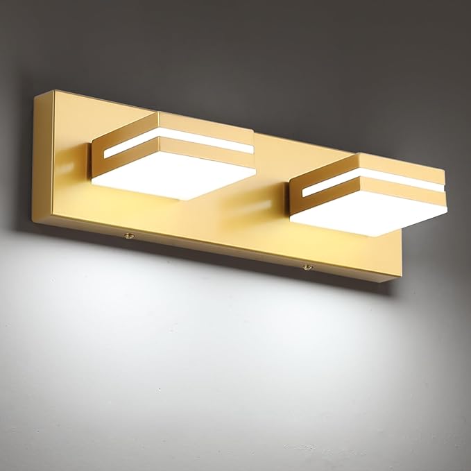 SineRise LED Modern Bathroom Vanity Light Fixtures (2-Light, 15.5-Inch), Matte Gold Modern Acrylic Bathroom Wall Lighting Fixtures Over Mirror (Cool White 6000K)