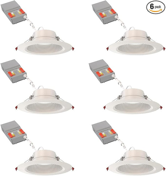 Juno LED Recessed Lights 6 Inch Round Wafer Downlight, 5-in-1 Switchable White Color Temperature, Adjustable Brightness, Deep Regressed Baffled Trim, 6-Inch, Matte White, 6-Pack