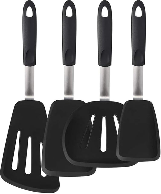 Set of 4 Silicone Spatula Utensils by Boxiki Kitchen. Professional Silicone and Stainless Steel Kitchen Spatula for Cooking, Pancakes, Eggs and Fish.