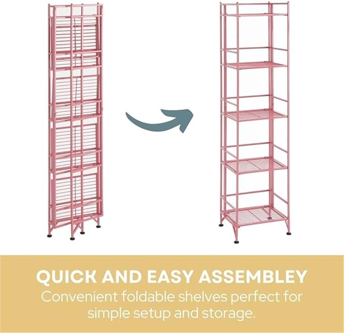 Convenience Concepts Xtra Storage Shelves - 5-Tier Folding Metal Storage Shelves, Closet Organizer for Office, Laundry Room, Bedroom, Garage, Kitchen, Bathroom, Pink