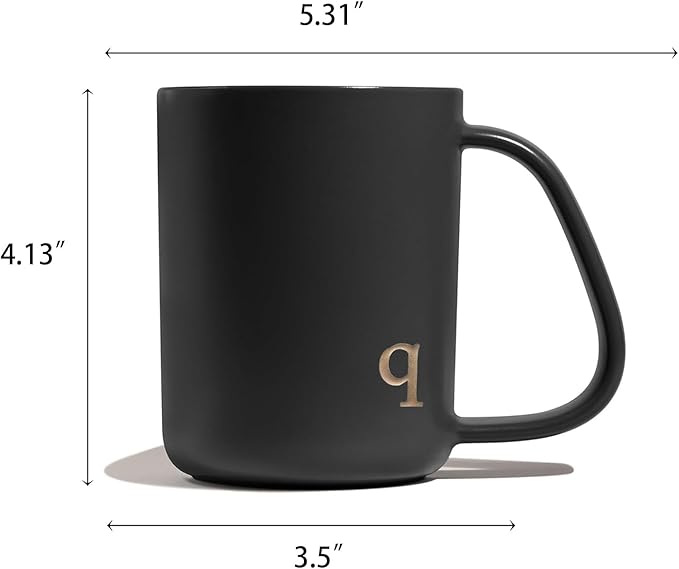 COLLECTIVE HOME - Ergonomic Handle Ceramic Mug, 15 oz Personalized Coffee Cup with Golden Initial, Microwave & Dishwasher Safe, Elegant Monogram Tea Mug in Gift Box for Home & Office (Black-q)