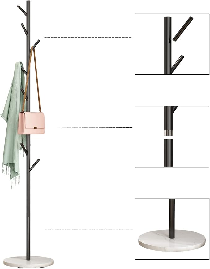 Black Metal Coat Rack, Freestanding with Hooks, Entryway Coat Rack Stand, Coat Racks with Marble Base, Coat Tree for Hanging Clothes, Hats, Bags