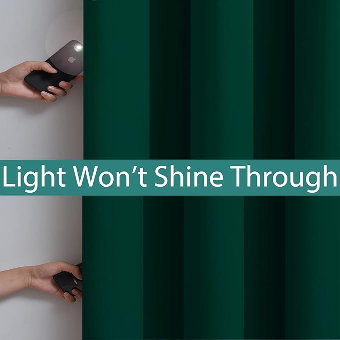 Yakamok 63 Inch Length Full Blackout Curtains for Bedroom, 2 Thick Layers Grommet Top Thermal Insulated Soundproof Drapes with Black Liner for Living Room(52Wx63L,Dark Green, 2 Panels)