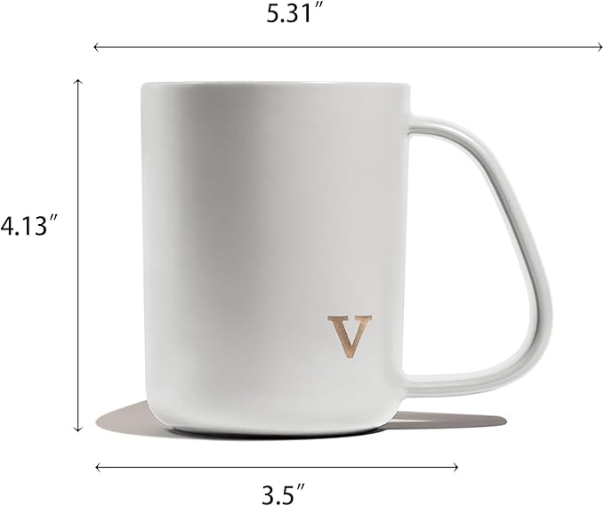 COLLECTIVE HOME - Ergonomic Handle Ceramic Mug, 15 oz Personalized Coffee Cup with Golden Initial, Microwave & Dishwasher Safe, Elegant Monogram Tea Mug in Gift Box for Home & Office (White-v)