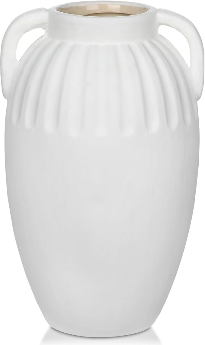 Ceramic Rustic Farmhouse Vase, 9 inch Pottery White Flower Vase with 2 Handles for Centerpieces Pampas Grass Boho Modern Rustic Farmhouse Decor for Living Room Kitchen Countertop Dinner Table Shelves
