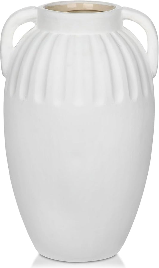Ceramic Rustic Farmhouse Vase, 9 inch Pottery White Flower Vase with 2 Handles for Centerpieces Pampas Grass Boho Modern Rustic Farmhouse Decor for Living Room Kitchen Countertop Dinner Table Shelves