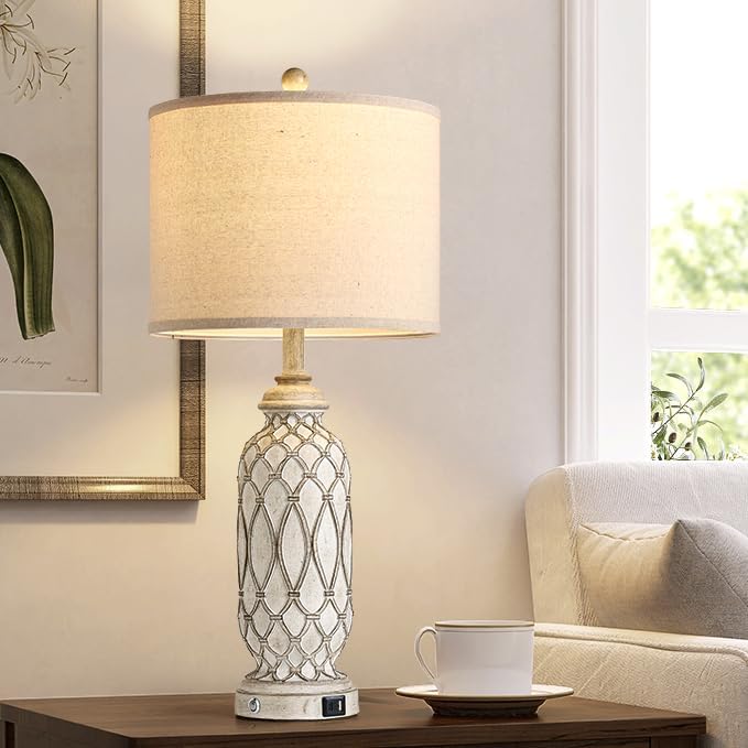 Farmhouse Table Lamps for Bedroom Set of 2, 28" Rustic Bedside Lamp with USB Ports, 3-Way Dimmable Nightstand Table Lamp for Living Room with Linen Drum Shade (Bulbs Included)