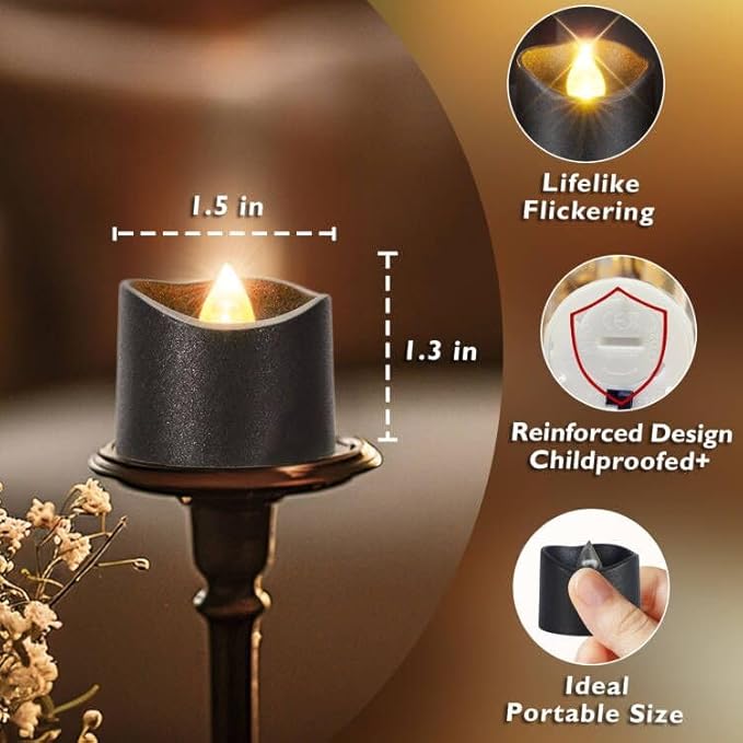 Homemory Black Tea Lights Candles Battery Operated, 200+Hour Flameless Flickering Fake Electric LED Colored Tealights Candles for Halloween, Theme Party, Wedding Table Decor, Holiday Decor, 24-Pack