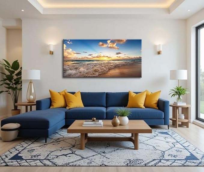 Large Beach Wall Art for Living Room Coastal Canvas Painting Decor - Sunrise Ocean Picture Nature Seascape Artwork Poster Print for Office Bedroom Decoration 20"x40"