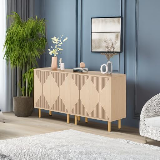 Tribesigns Modern Natural Storage Cabinet Set, Freestanding Floor Cabinet, Classic 59 inches Sideboard, Wood Buffet Cabinet with Doors, Large Storage Cabinet for Living Room, Dining Room, Garage