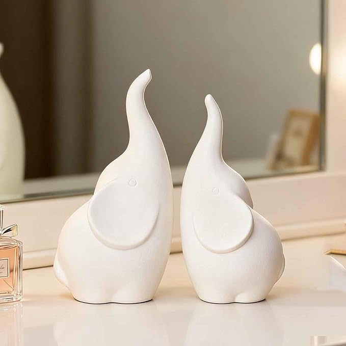 Ceramic Elephant Figurines with Trunk Up, Pair Couples Loving Elephant Statue, Small Figurines Sculpture African Home Decor, Valentine Elephants Gifts for Women, Wedding Knick Knacks（White）