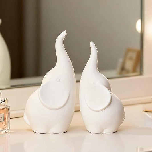 Ceramic Elephant Figurines with Trunk Up, Pair Couples Loving Elephant Statue, Small Figurines Sculpture African Home Decor, Valentine Elephants Gifts for Women, Wedding Knick Knacks（White）