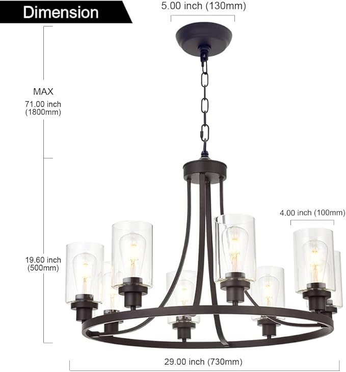 MELUCEE 8 Lights Large Farmhouse Chandelier Wagon Wheel, Industrial Island Lights for Kitchen Dining Room Lighting Fixtures Hanging Oil Rubbed Bronze Finish