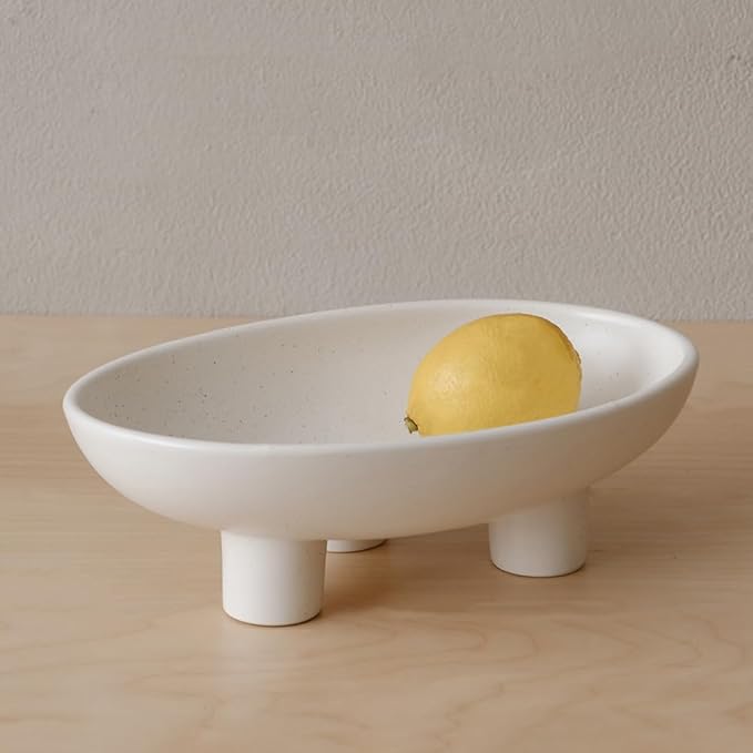 WENSHUO Three-Legs Ceramic Fruit Bowl for Kitchen Counter, Decorative Bowl for Table Décor, 10-inch Oval Large Bowls for Breads (Nacre White)
