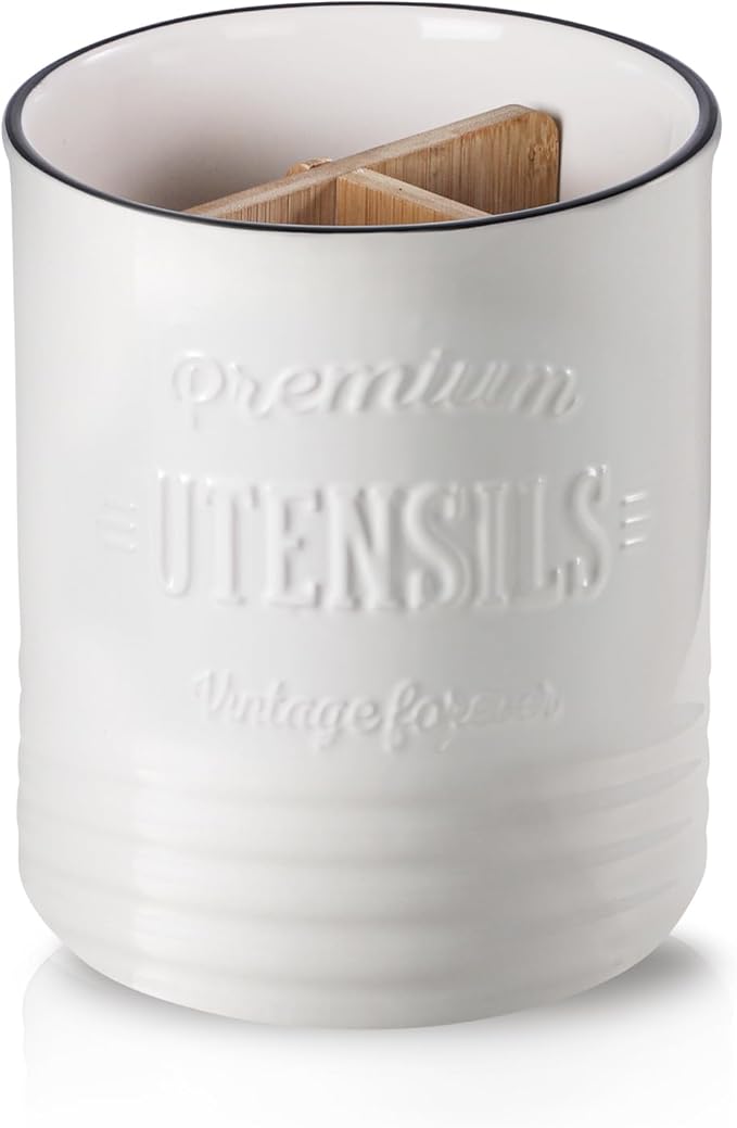 DOWAN Kitchen Utensil Holder, 7.2″ Extra-Large Ceramic Stable Utensil Caddy, Rustic Cooking Utensil Crock for Farmhouse Kitchen Décor, Utensil Holder for Countertop (White with devider, 7.2 Inch)