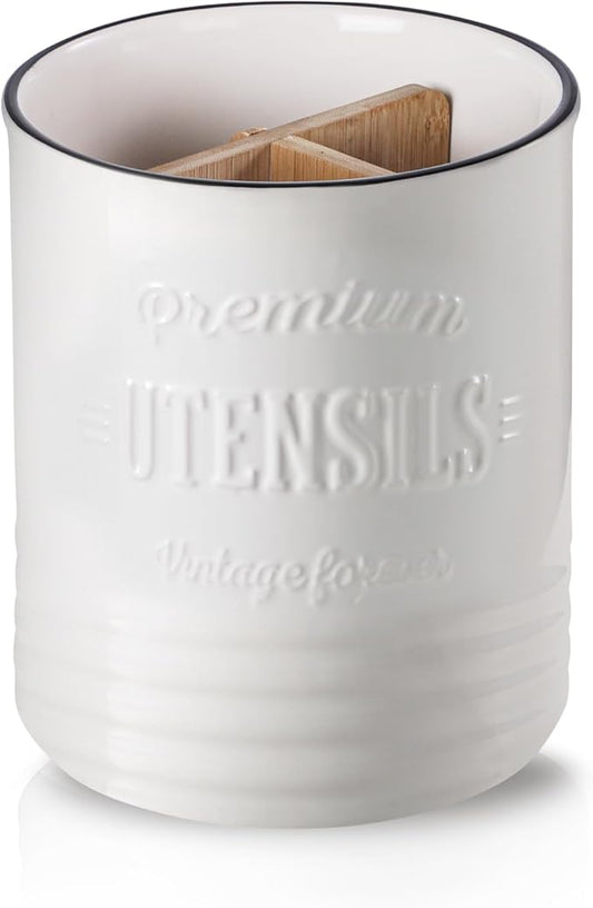 DOWAN Kitchen Utensil Holder, 7.2″ Extra-Large Ceramic Stable Utensil Caddy, Rustic Cooking Utensil Crock for Farmhouse Kitchen Décor, Utensil Holder for Countertop (White with devider, 7.2 Inch)