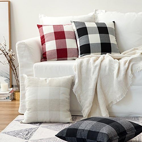 MIULEE Pack of 2 Halloween Classic Farmhouse Buffalo Check Plaids Linen Soft Solid Decorative Square Throw Pillow Covers Black and White Home Decor Outdoor Cushion Case for Sofa Bedroom 20 x 20 Inch