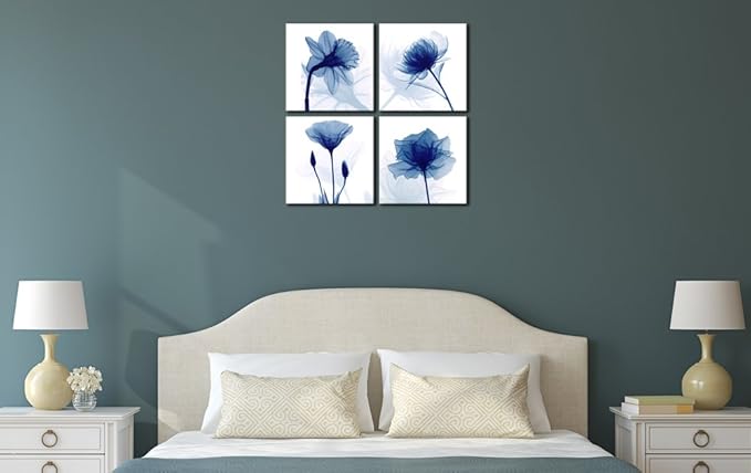 Pyradecor Large Blue Flickering Flower Modern Abstract Paintings Canvas Wall Art Gallery Wrapped Grace Floral Pictures on Canvas Prints 4 Panels Artwork for Living Room Bedroom Office Home Decorations