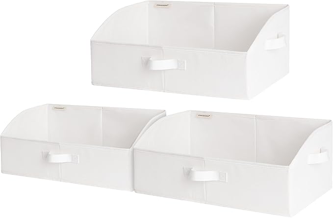 StorageWorks Closet Storage Bins, Trapezoid Organizer Box for Shelves, Fabric Clothes Bin, Foldable Organizing Baskets with Handles, Large, White, 3-Pack