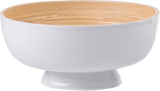 PEMAR 8" Lacquer Bamboo Fruit Bowl for Kitchen Counter, Handmade Large Decorative Pedestal Bowl for Entryway Table Home Decor, Key Bread Candy Snacks Organizer (White Cream)