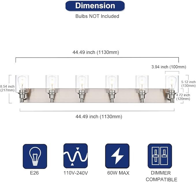 6-Lights Bathroom Light Fixtures in Brushed Nickel, Modern Vanity Lights with Clear Glass Shades, Wall Sconce Lighting Over Mirror