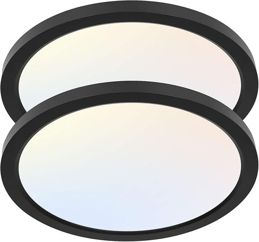 hykolity 2 Pack 12 Inch Selectable CCT LED Round Flat Panel Light, 24W, 3000K/4000K/5000K, Edge-Lit Flush Mount Ceiling Light Fixture for Kitchen, Bedroom and Closet Room, Black