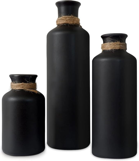 Matte Black Ceramic Vase Set, 3 Small Rustic Decorative Vases for Modern Farmhouse Office Home Decor, Living Room Centerpieces Decoration for Table Mantel Entryway Shelves Decor