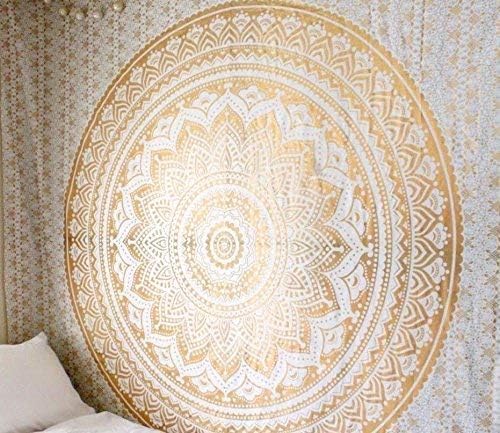 RAJRANG Large Mandala Tapestry for Bedroom and Living Room Decor Boho Bohemian Wall Hanging Cotton Tapestries (Golden and White, Ombre, 90x108 Inch, King Size)