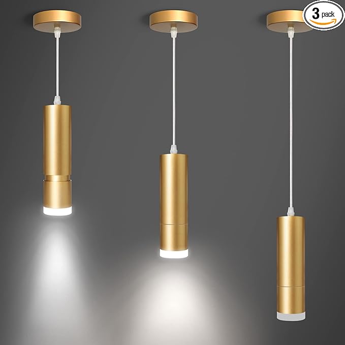 OKELI Modern Pendant Lights,Gold LED Mini Kitchen Island Lights Adjustable Focus Pendant Lighting for Kitchen Island Bedroom Dining Room Bar Shop,20W,4000K,ETL5026458(3 Pack)