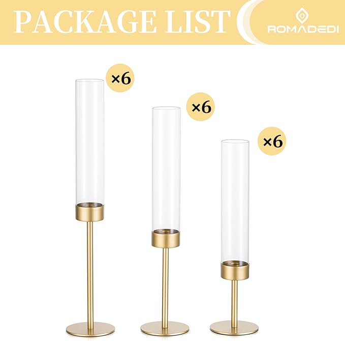 Glass Hurricane Candlestick Holders Gold - Romadedi 18 PCS Taper Candle Holder Bulk Tall Clear Glass Cylinder Table Centerpiece Wedding Decor Party Birthday Christmas Home Decorations
