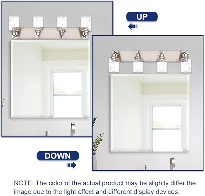 Bathroom Vanity Light Fixtures, 4-Lights Modern Brushed Nickel Wall Mounted Lamp with Clear Glass Shade for Bedroom Over Mirror