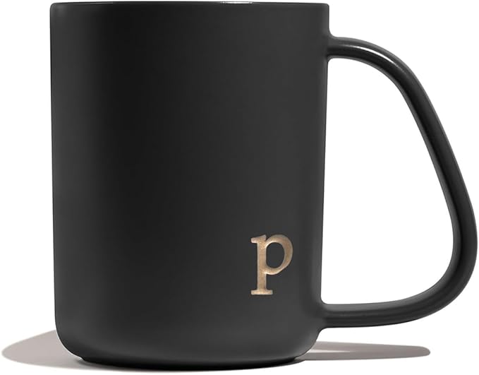 COLLECTIVE HOME - Ergonomic Handle Ceramic Mug, 15 oz Personalized Coffee Cup with Golden Initial, Microwave & Dishwasher Safe, Elegant Monogram Tea Mug in Gift Box for Home & Office (Black-p)