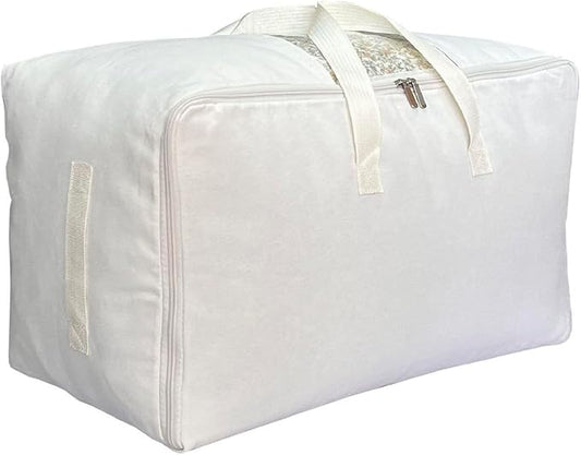 Soft Large Canvas Comforter Storage Bags with Four Carrying Handles and Clear Window, Closet Organizer for Clothing, Blankets Sheets Pillows and Bedding, 80L, White
