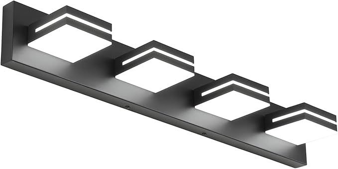 SineRise LED Modern Bathroom Vanity Light Fixtures (4-Light, 30-Inch, Dimmable), Matte Black Modern Acrylic Bathroom Wall Lighting Fixtures Over Mirror (Cool White 6000K)