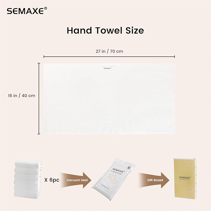 SEMAXE 6-Pack White Hand Towels - Premium 27"x16" Bathroom Towel Set with Hanging Loops, Oeko-Tex Certified 100% Cotton, Hotel Luxury for Home