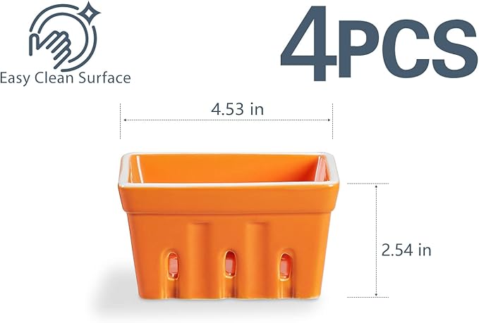 ONEMORE Ceramic Berry Basket, Rustic Stoneware Berry Bowls Colander, Square Fruit Bowls for Kitchen Décor Set of 4, 4.5 inch, Assorted Color