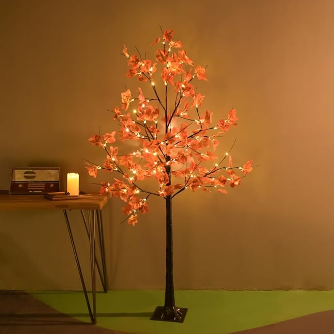 Artificial Lighted Maple Tree with 96 Warm White LED Lights, Indoor Outdoor Home Party Thanksgiving Christmas Decor(6FT/96LED)