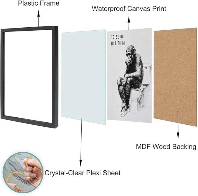 Minimalist Bathroom Wall Decor, Chimp Wall Art on Toilet, Chin Rests, Fun Bathroom Animal Art, Black and White Canvas Prints Can Be Hung Directly -Frame,11 "x 14"